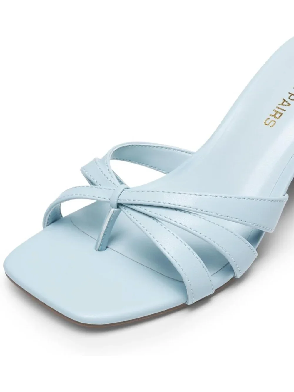 Women's Light Blue Faux Leather Square Open Toe Thong Mules Strappy Kitten Heels